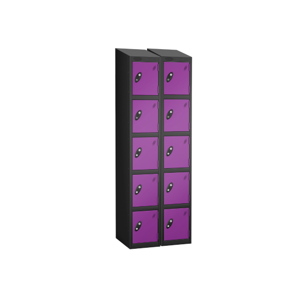 Nest of 2 Metal Storage Lockers | 5 Doors | 1780 x 305 x 305mm | Black Carcass | Lilac Door | Cam Lock | Sloping Top | Probe