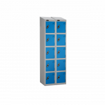 Nest of 2 Metal Storage Lockers | 5 Doors | 1780 x 305 x 305mm | Silver Carcass | Blue Door | Cam Lock | Sloping Top | Probe