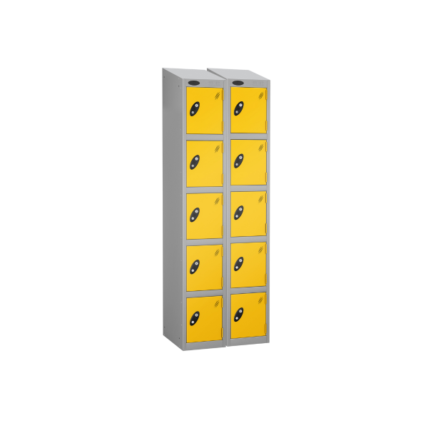 Nest of 2 Metal Storage Lockers | 5 Doors | 1780 x 305 x 305mm | Silver Carcass | Yellow Door | Cam Lock | Sloping Top | Probe