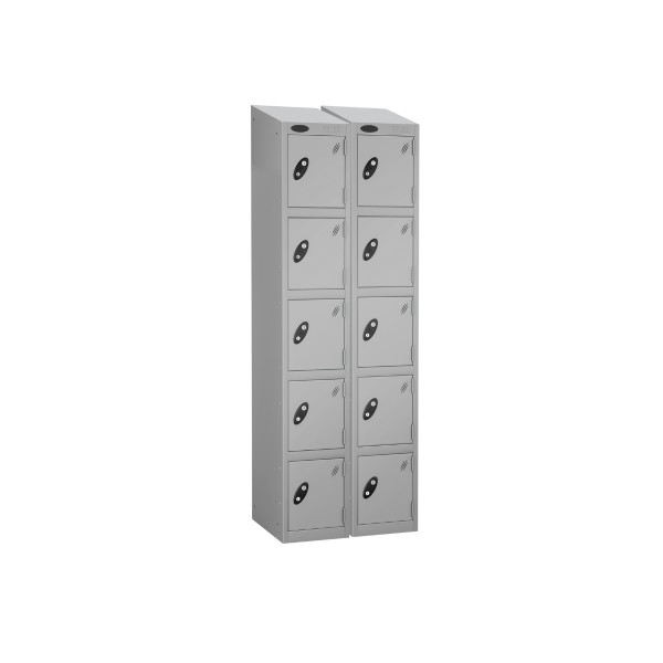 Nest of 2 Metal Storage Lockers | 5 Doors | 1780 x 305 x 305mm | Silver Carcass | Silver Door | Cam Lock | Sloping Top | Probe