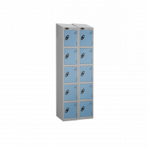 Nest of 2 Metal Storage Lockers | 5 Doors | 1780 x 305 x 305mm | Silver Carcass | Ocean Door | Cam Lock | Sloping Top | Probe