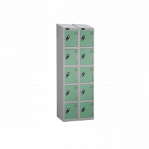 Nest of 2 Metal Storage Lockers | 5 Doors | 1780 x 305 x 305mm | Silver Carcass | Jade Door | Cam Lock | Sloping Top | Probe