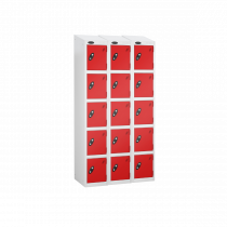 Nest of 3 Metal Storage Lockers | 5 Doors | 1780 x 305 x 305mm | White Carcass | Red Door | Cam Lock | Sloping Top | Probe