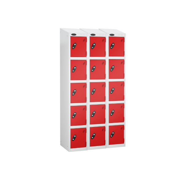 Nest of 3 Metal Storage Lockers | 5 Doors | 1780 x 305 x 305mm | White Carcass | Red Door | Cam Lock | Sloping Top | Probe