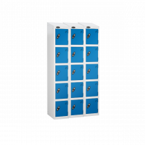 Nest of 3 Metal Storage Lockers | 5 Doors | 1780 x 305 x 305mm | White Carcass | Blue Door | Cam Lock | Sloping Top | Probe