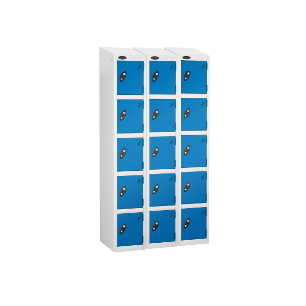 Nest of 3 Metal Storage Lockers | 5 Doors | 1780 x 305 x 305mm | White Carcass | Blue Door | Cam Lock | Sloping Top | Probe