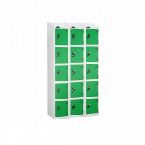 Nest of 3 Metal Storage Lockers | 5 Doors | 1780 x 305 x 305mm | White Carcass | Green Door | Cam Lock | Sloping Top | Probe