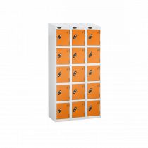 Nest of 3 Metal Storage Lockers | 5 Doors | 1780 x 305 x 305mm | White Carcass | Orange Door | Cam Lock | Sloping Top | Probe