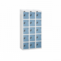 Nest of 3 Metal Storage Lockers | 5 Doors | 1780 x 305 x 305mm | White Carcass | Ocean Door | Cam Lock | Sloping Top | Probe