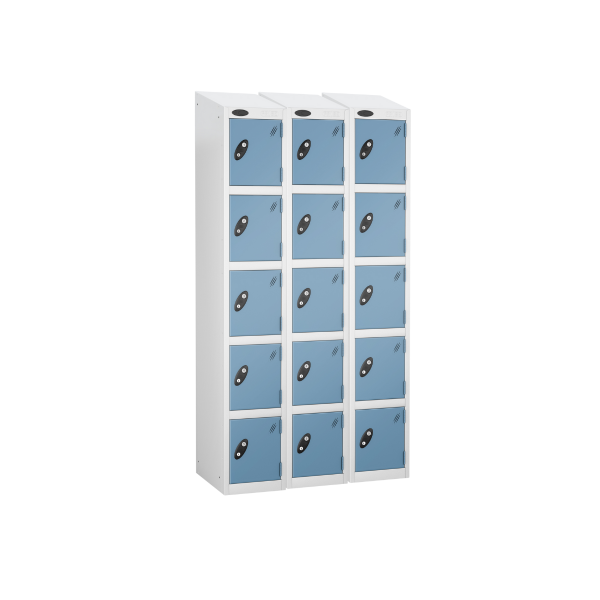 Nest of 3 Metal Storage Lockers | 5 Doors | 1780 x 305 x 305mm | White Carcass | Ocean Door | Cam Lock | Sloping Top | Probe