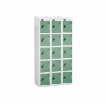 Nest of 3 Metal Storage Lockers | 5 Doors | 1780 x 305 x 305mm | White Carcass | Jade Door | Cam Lock | Sloping Top | Probe