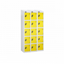 Nest of 3 Metal Storage Lockers | 5 Doors | 1780 x 305 x 305mm | White Carcass | Lemon Door | Cam Lock | Sloping Top | Probe