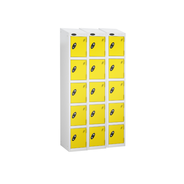 Nest of 3 Metal Storage Lockers | 5 Doors | 1780 x 305 x 305mm | White Carcass | Lemon Door | Cam Lock | Sloping Top | Probe