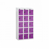 Nest of 3 Metal Storage Lockers | 5 Doors | 1780 x 305 x 305mm | White Carcass | Lilac Door | Cam Lock | Sloping Top | Probe