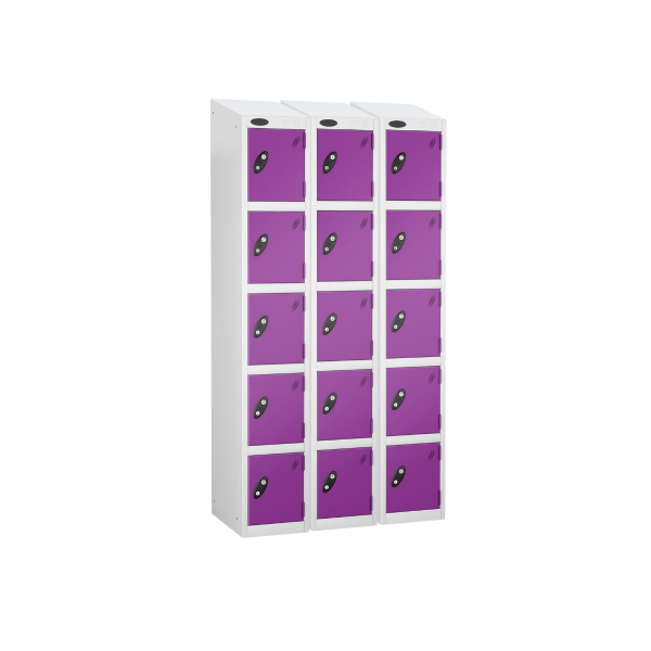 Nest of 3 Metal Storage Lockers | 5 Doors | 1780 x 305 x 305mm | White Carcass | Lilac Door | Cam Lock | Sloping Top | Probe