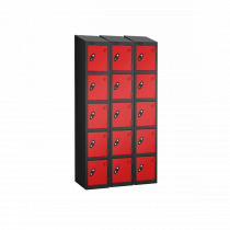 Nest of 3 Metal Storage Lockers | 5 Doors | 1780 x 305 x 305mm | Black Carcass | Red Door | Cam Lock | Sloping Top | Probe