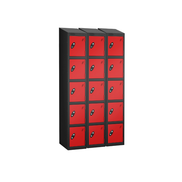 Nest of 3 Metal Storage Lockers | 5 Doors | 1780 x 305 x 305mm | Black Carcass | Red Door | Cam Lock | Sloping Top | Probe