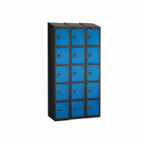 Nest of 3 Metal Storage Lockers | 5 Doors | 1780 x 305 x 305mm | Black Carcass | Blue Door | Cam Lock | Sloping Top | Probe