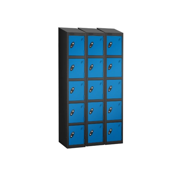 Nest of 3 Metal Storage Lockers | 5 Doors | 1780 x 305 x 305mm | Black Carcass | Blue Door | Cam Lock | Sloping Top | Probe