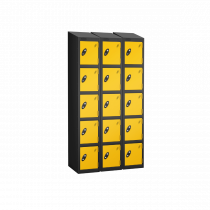 Nest of 3 Metal Storage Lockers | 5 Doors | 1780 x 305 x 305mm | Black Carcass | Yellow Door | Cam Lock | Sloping Top | Probe