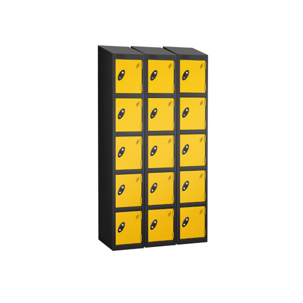 Nest of 3 Metal Storage Lockers | 5 Doors | 1780 x 305 x 305mm | Black Carcass | Yellow Door | Cam Lock | Sloping Top | Probe