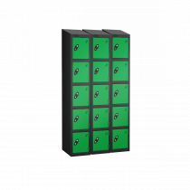 Nest of 3 Metal Storage Lockers | 5 Doors | 1780 x 305 x 305mm | Black Carcass | Green Door | Cam Lock | Sloping Top | Probe