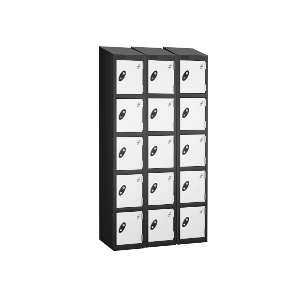 Nest of 3 Metal Storage Lockers | 5 Doors | 1780 x 305 x 305mm | Black Carcass | White Door | Cam Lock | Sloping Top | Probe