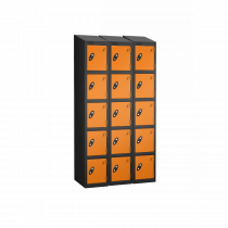 Nest of 3 Metal Storage Lockers | 5 Doors | 1780 x 305 x 305mm | Black Carcass | Orange Door | Cam Lock | Sloping Top | Probe