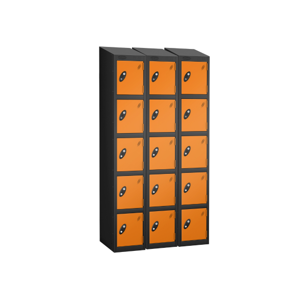 Nest of 3 Metal Storage Lockers | 5 Doors | 1780 x 305 x 305mm | Black Carcass | Orange Door | Cam Lock | Sloping Top | Probe