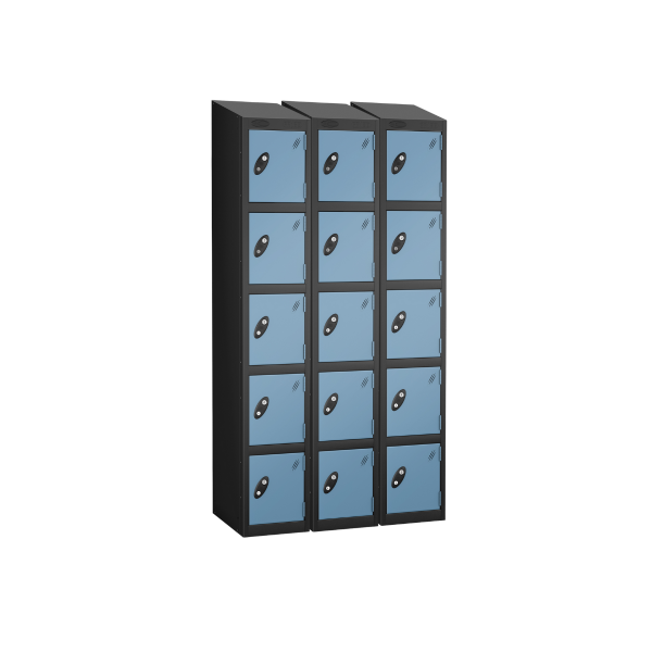 Nest of 3 Metal Storage Lockers | 5 Doors | 1780 x 305 x 305mm | Black Carcass | Ocean Door | Cam Lock | Sloping Top | Probe