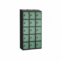 Nest of 3 Metal Storage Lockers | 5 Doors | 1780 x 305 x 305mm | Black Carcass | Jade Door | Cam Lock | Sloping Top | Probe