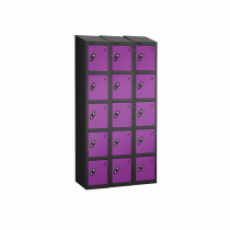 Nest of 3 Metal Storage Lockers | 5 Doors | 1780 x 305 x 305mm | Black Carcass | Lilac Door | Cam Lock | Sloping Top | Probe