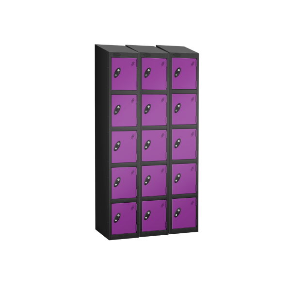 Nest of 3 Metal Storage Lockers | 5 Doors | 1780 x 305 x 305mm | Black Carcass | Lilac Door | Cam Lock | Sloping Top | Probe