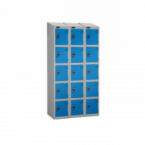 Nest of 3 Metal Storage Lockers | 5 Doors | 1780 x 305 x 305mm | Silver Carcass | Blue Door | Cam Lock | Sloping Top | Probe