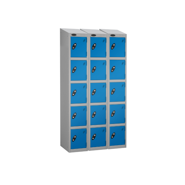 Nest of 3 Metal Storage Lockers | 5 Doors | 1780 x 305 x 305mm | Silver Carcass | Blue Door | Cam Lock | Sloping Top | Probe