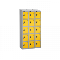 Nest of 3 Metal Storage Lockers | 5 Doors | 1780 x 305 x 305mm | Silver Carcass | Yellow Door | Cam Lock | Sloping Top | Probe