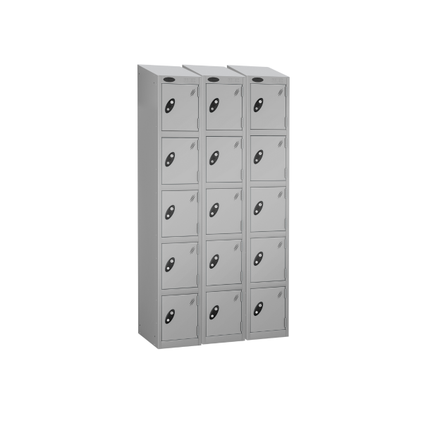 Nest of 3 Metal Storage Lockers | 5 Doors | 1780 x 305 x 305mm | Silver Carcass | Silver Door | Cam Lock | Sloping Top | Probe