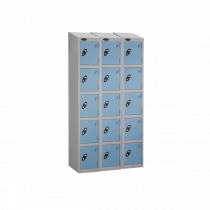 Nest of 3 Metal Storage Lockers | 5 Doors | 1780 x 305 x 305mm | Silver Carcass | Ocean Door | Cam Lock | Sloping Top | Probe