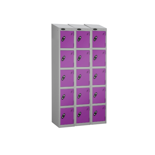 Nest of 3 Metal Storage Lockers | 5 Doors | 1780 x 305 x 305mm | Silver Carcass | Lilac Door | Cam Lock | Sloping Top | Probe