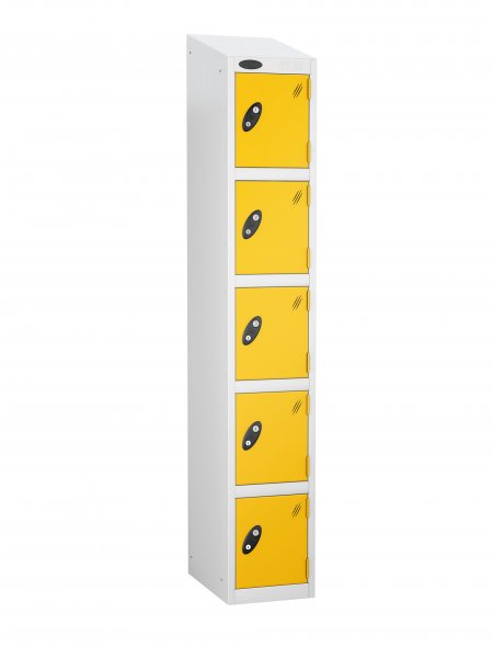 Single Metal Storage Locker | 5 Doors | 1780 x 305 x 380mm | White Carcass | Yellow Door | Cam Lock | Sloping Top | Probe