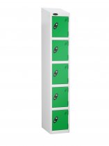 Single Metal Storage Locker | 5 Doors | 1780 x 305 x 380mm | White Carcass | Green Door | Cam Lock | Sloping Top | Probe