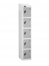 Single Metal Storage Locker | 5 Doors | 1780 x 305 x 380mm | White Carcass | Silver Door | Cam Lock | Sloping Top | Probe