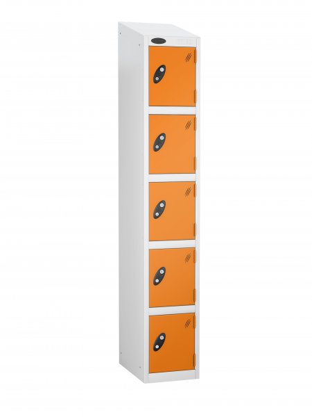 Single Metal Storage Locker | 5 Doors | 1780 x 305 x 380mm | White Carcass | Orange Door | Cam Lock | Sloping Top | Probe