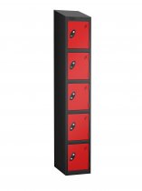 Single Metal Storage Locker | 5 Doors | 1780 x 305 x 380mm | Black Carcass | Red Door | Cam Lock | Sloping Top | Probe