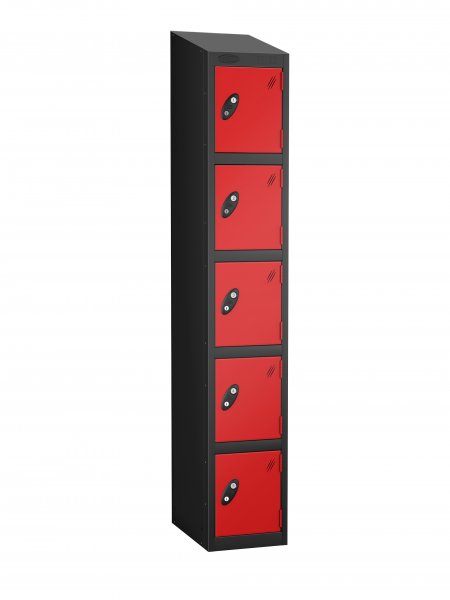 Single Metal Storage Locker | 5 Doors | 1780 x 305 x 380mm | Black Carcass | Red Door | Cam Lock | Sloping Top | Probe