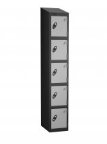 Single Metal Storage Locker | 5 Doors | 1780 x 305 x 380mm | Black Carcass | Silver Door | Cam Lock | Sloping Top | Probe