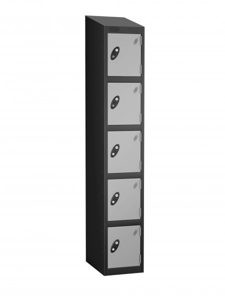 Single Metal Storage Locker | 5 Doors | 1780 x 305 x 380mm | Black Carcass | Silver Door | Cam Lock | Sloping Top | Probe