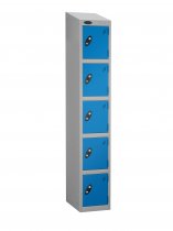 Single Metal Storage Locker | 5 Doors | 1780 x 305 x 380mm | Silver Carcass | Blue Door | Cam Lock | Sloping Top | Probe