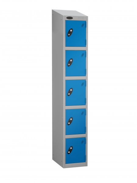 Single Metal Storage Locker | 5 Doors | 1780 x 305 x 380mm | Silver Carcass | Blue Door | Cam Lock | Sloping Top | Probe