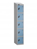 Single Metal Storage Locker | 5 Doors | 1780 x 305 x 380mm | Silver Carcass | Ocean Door | Cam Lock | Sloping Top | Probe